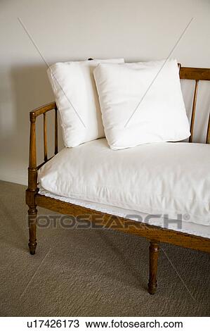 Wood Couch with White Cushions View Large Photo Image Stock Image - Wood Couch with White Cushions. Fotosearch