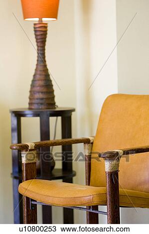Stock Image - Wood and Leather Armchairs. Fotosearch