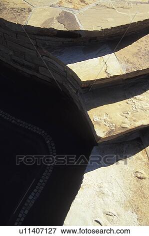 Stock Photo - Stone steps in backyard pool deck. Fotosearch