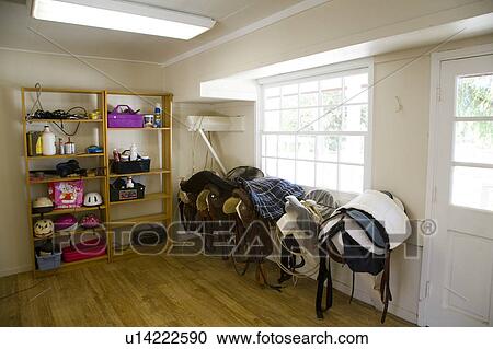 Tack Room with Saddles and Shelving View Large Photo Image Stock Image - Tack Room with Saddles and Shelving. Fotosearch