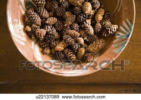 Stock Photo - Detail of bowl filled with miniature pinecones . Fotosearch