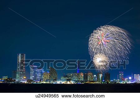 Fireworks and Minato Mirai Building group View Large Photo Image Stock Photography - Fireworks and Minato Mirai Building group. Fotosearch