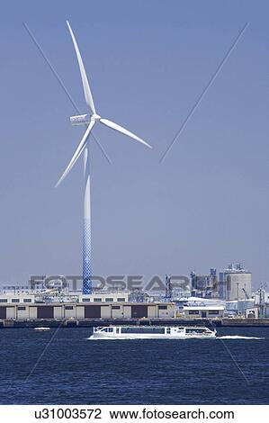 Water bus and wind-generated electricity View Large Photo Image Stock Image - Water bus and wind-generated electricity. Fotosearch