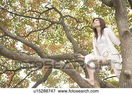 Stock Photo - Woman whom the tree climbs. Fotosearch
