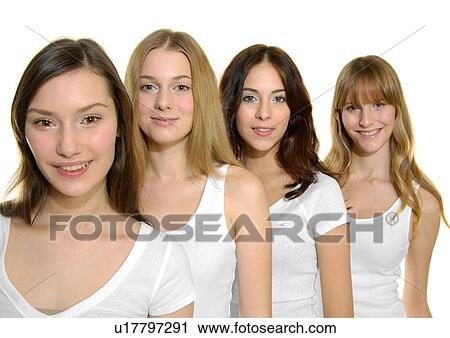 Portrait of four young women smiling View Large Photo Image Stock Image - Portrait of four young women smiling. Fotosearch