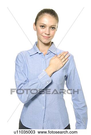 Portrait of a young woman gesturing View Large Photo Image Stock Image - Portrait of a young woman gesturing. Fotosearch