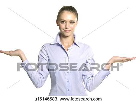 Portrait of a young woman gesturing View Large Photo Image Stock Image - Portrait of a young woman gesturing. Fotosearch