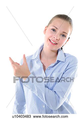 Stock Image - Portrait of a young woman listening to music and gesturing. Fotosearch