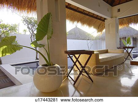 Stock Image - Potted plant near a couch on the porch. Fotosearch