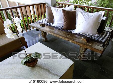 View of a flowerpot on a table against a seat, Mayaubud. View Large Photo Image Stock Photograph - View of a flowerpot on a table against a seat, Mayaubud.. Fotosearch