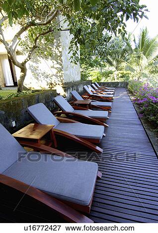 Stock Photo - View of a row of deck chairs in a resort, Mayaubud.. Fotosearch