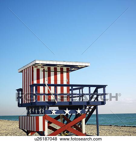 Lifeguard tower painted red, white and blue with stars and stripes on beach in Miami, Florida, USA. View Large Photo Image Stock Photo - Lifeguard tower painted red, white and blue with stars and stripes on beach in Miami, Florida, USA.. Fotosearch