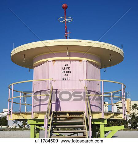 Pink art deco lifeguard tower closed up on beach in Miami, Florida, USA View Large Photo Image Stock Photo - Pink art deco lifeguard tower closed up on beach in Miami, Florida, USA. Fotosearch