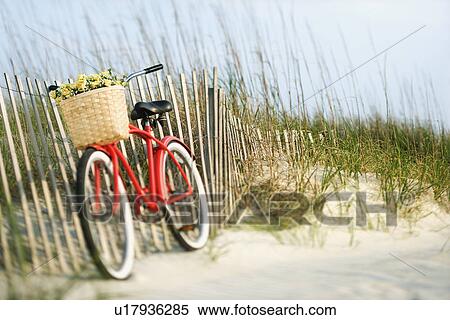 Red vintage bicycle with basket and flowers lleaning against wooden fence at beach. View Large Photo Image Stock Photography - Red vintage bicycle with basket and flowers lleaning against wooden fence at beach.. Fotosearch