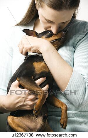 Stock Photo - Caucasian woman holding and kissing Miniature Pinscher dog.. Fotosearch
