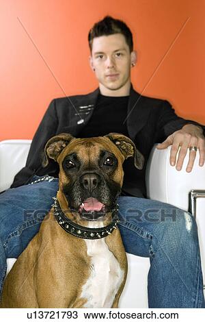 Young adult Caucasian male with Boxer dog. View Large Photo Image Stock Image - Young adult Caucasian male with Boxer dog.. Fotosearch