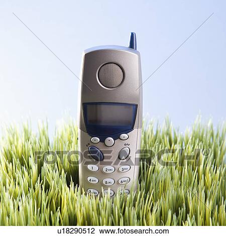 Stock Image - Studio shot of landline telephone placed in grass.. Fotosearch