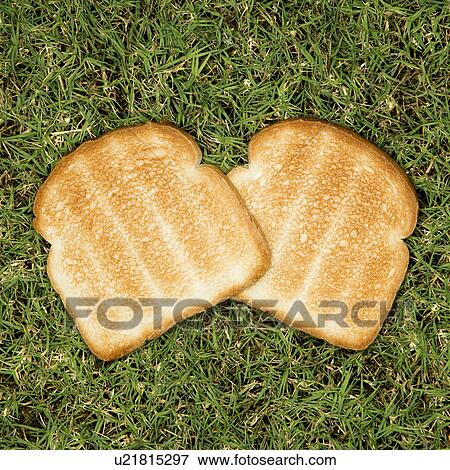 Stock Photo - Two slices of toast on grass.. Fotosearch