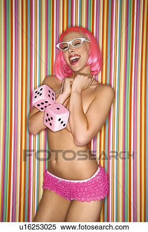 Stock Photography - Woman in pink underwear wearing pink wig. Fotosearch
