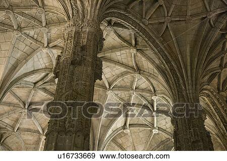 Rib Vaulted Ceiling And Columns In Jeronimos Monastery In Lisbon Portugal Stock Photo