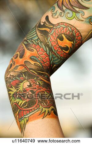 Stock Photo - Dragon tattoo on arm of woman. Fotosearch