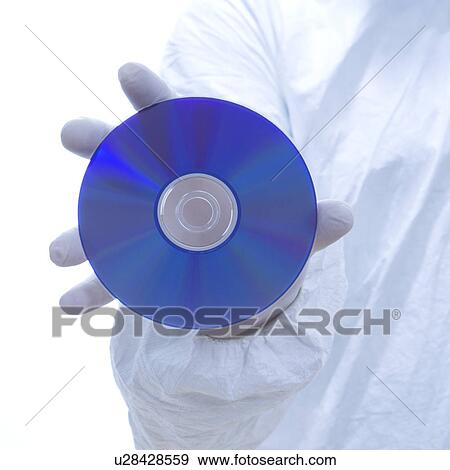 Stock Photo - Close-up of man in biohazard suit and latex gloves holding compact disc. Fotosearch