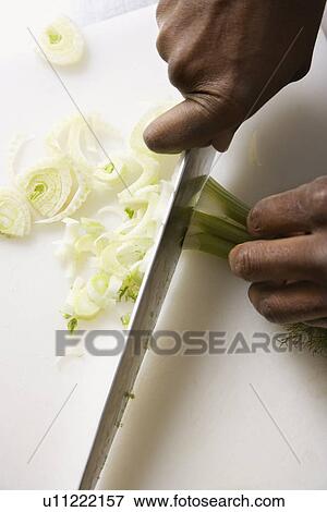 Male hands using large kitchen knife to chop fennel View Large Photo Image Stock Photo - Male hands using large kitchen knife to chop fennel. Fotosearch