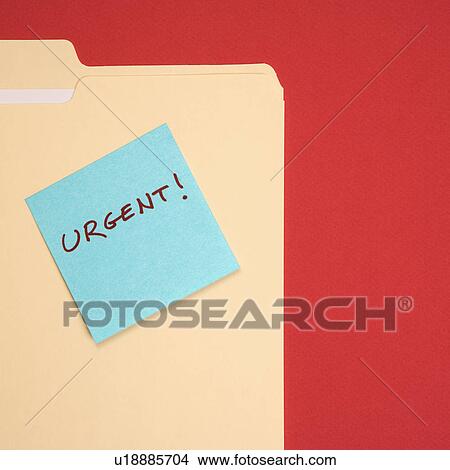 Picture - Folder with a blue sticky note attached reading urgent on a red background. Fotosearch