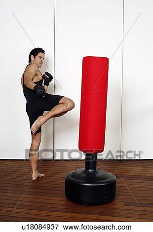 Young man kicking a punching bag View Large Photo Image Stock Photo - Young man kicking a punching bag. Fotosearch