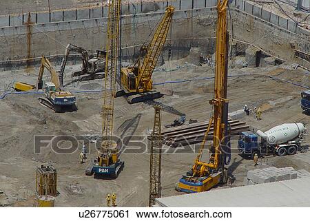 Stock Image - construction, site, dubai, crane, bulldozer. Fotosearch