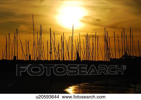 Picture - sunset, sun, rise, sunrise, port, boats, gold. Fotosearch