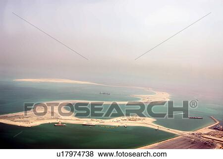 Stock Photo - dubai, UAE, aerial, Palm, Deira, construction. Fotosearch