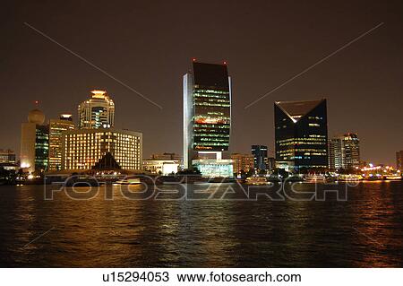 Stock Image - deira, dhow, dowh, creek, dubai, night, lights. Fotosearch