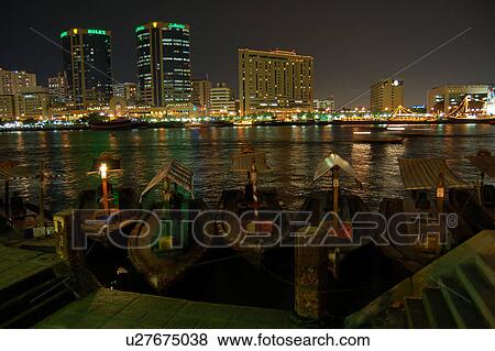 Stock Photo - deira, dhow, dowh, creek, dubai, night, lights. Fotosearch