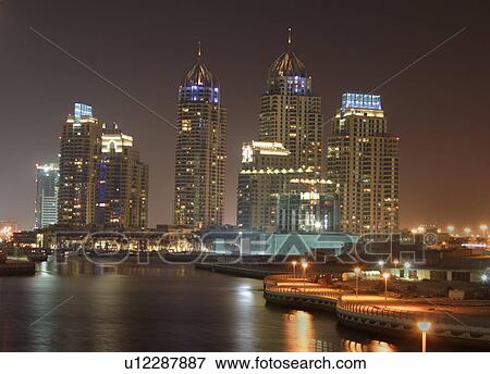 jumeirah, dubai, marina, night, evening, view View Large Photo Image Stock Photo - jumeirah, dubai, marina, night, evening, view. Fotosearch
