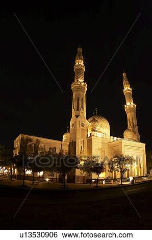 Stock Photograph - jumeirah, mosque, UAE, dubai, night, evening, dark. Fotosearch