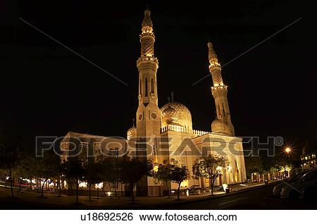 Stock Photograph - jumeirah, mosque, UAE, dubai, night, evening, dark. Fotosearch