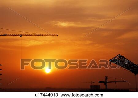 Stock Image - sunset, sunrise, rise, dubai, construction. Fotosearch