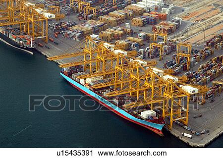 Stock Image - dubai, aerial, dubai, boat, ship, port, indutry. Fotosearch