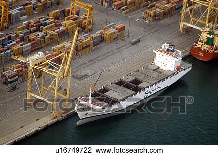 Stock Image - dubai, aerial, dubai, boat, ship, port, indutry. Fotosearch