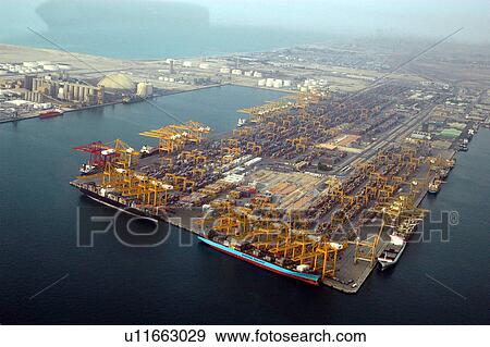 Stock Photo - dubai, aerial, dubai, boat, ship, port, indutry. Fotosearch