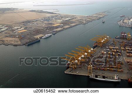 Stock Image - dubai, aerial, dubai, road, highway, motorway, port. Fotosearch