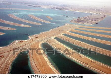 Stock Image - dubai, aerial, dubai, palm, jebel, construction. Fotosearch