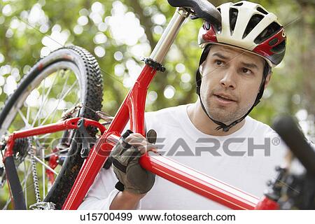 Mid adult man carrying bicycle View Large Photo Image Stock Photo - Mid adult man carrying bicycle. Fotosearch