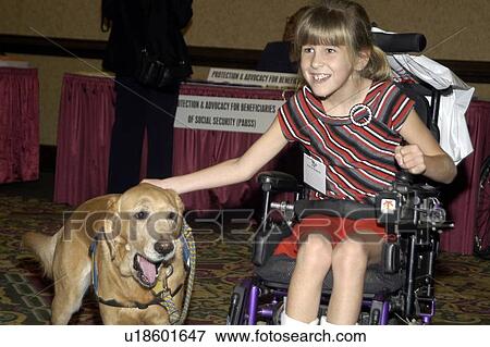 Girl with significant disabilities utilizing a powered chair for mobility and a service dog for assistance. View Large Photo Image Stock Photo - Girl with significant disabilities utilizing a powered chair for mobility and a service dog for assistance.. Fotosearch