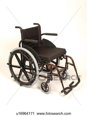 Stock Image - Basic black wheelchair. Chair is portable, and has removable foot rests and padded seat.. Fotosearch