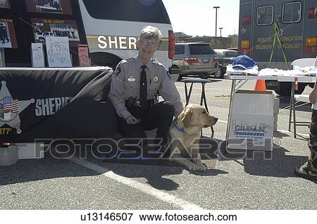 SheriffÆs deputy with service dog at information display View Large Photo Image Stock Photo - SheriffÆs deputy with service dog at information display. Fotosearch