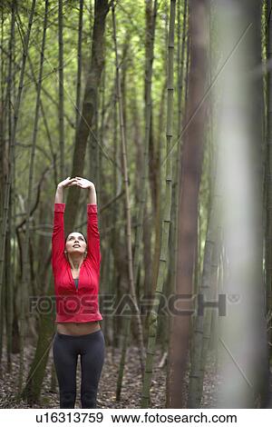 Stock Photo - Young woman stretching in forest. Fotosearch