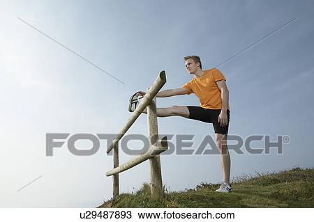 A Man Stretches on a country fence. View Large Photo Image Stock Image - A Man Stretches on a country fence.. Fotosearch