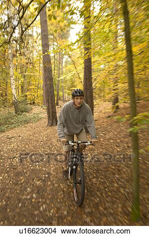 Man cycling in woodland wearing helmet, autumn View Large Photo Image Picture - Man cycling in woodland wearing helmet, autumn. Fotosearch